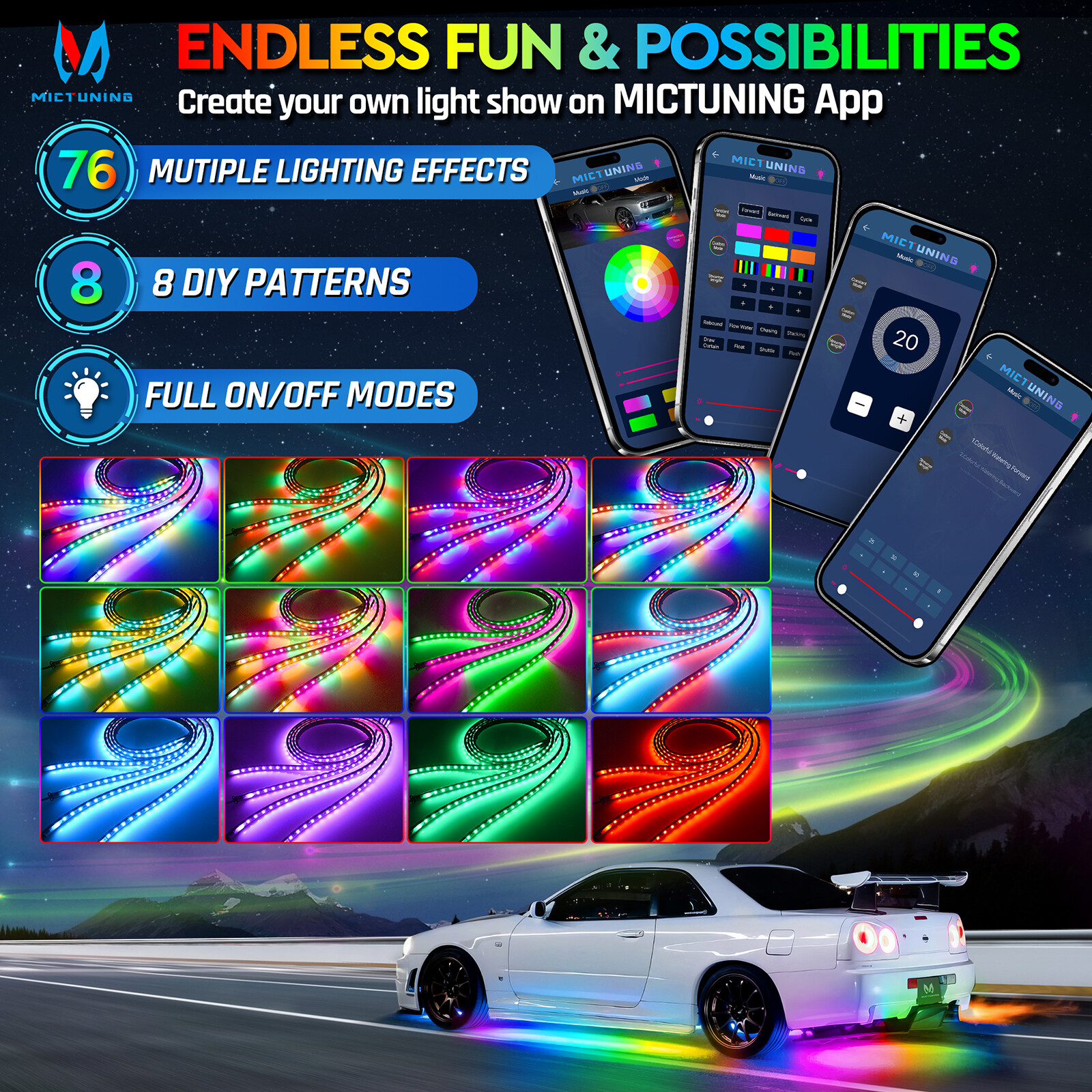 N3 Dream Color RGB Car Light Strips, Underglow Underbody Neon Chasing Light IP67