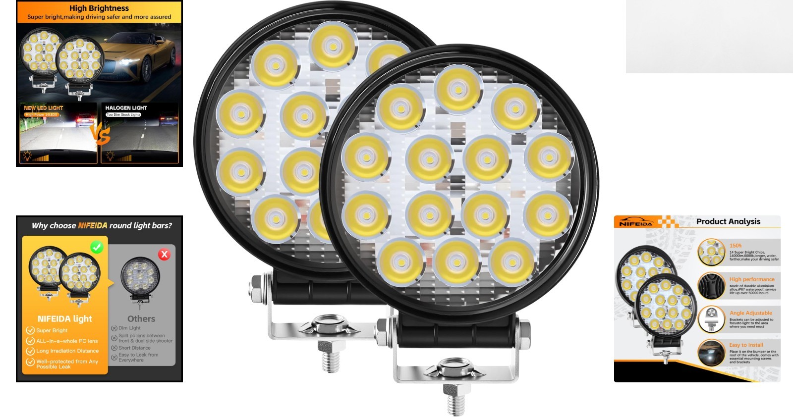 2 Pack 4.5″ Round LED Light Bar – 140W 14000LM Waterproof Offroad Flood Lights