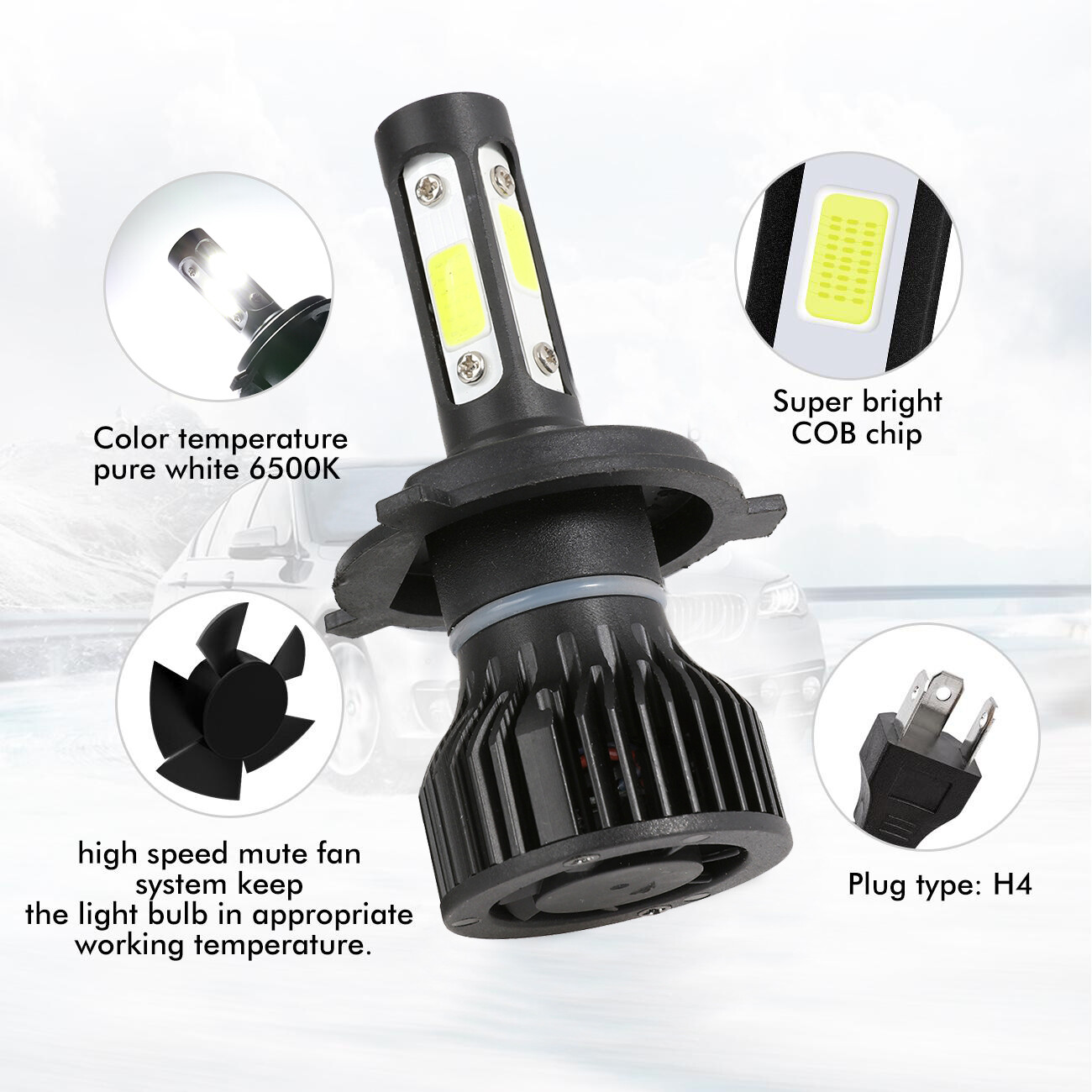 4-sides 9003 H4 LED Headlight Bulbs Kit 1000W 1000000LM Hi/Lo Beam Super Bright