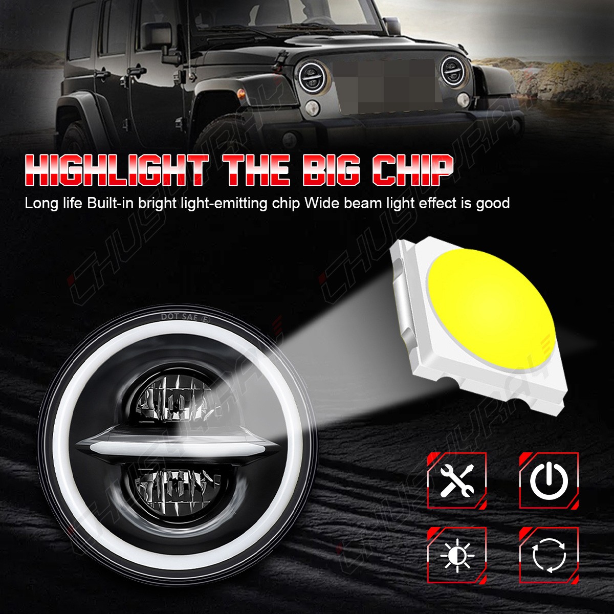 Fit Ford Mustang 1965-1978 Pair 7″ Round LED Headlights Hi/Lo Beam DOT Approved