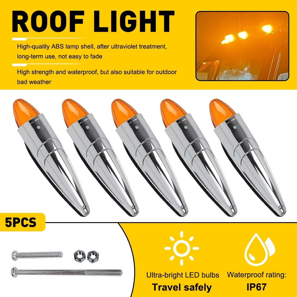5xLED Torpedo Cab Marker Roof Top Light For Kenworth Peterbilt 12V-24V Amber Len