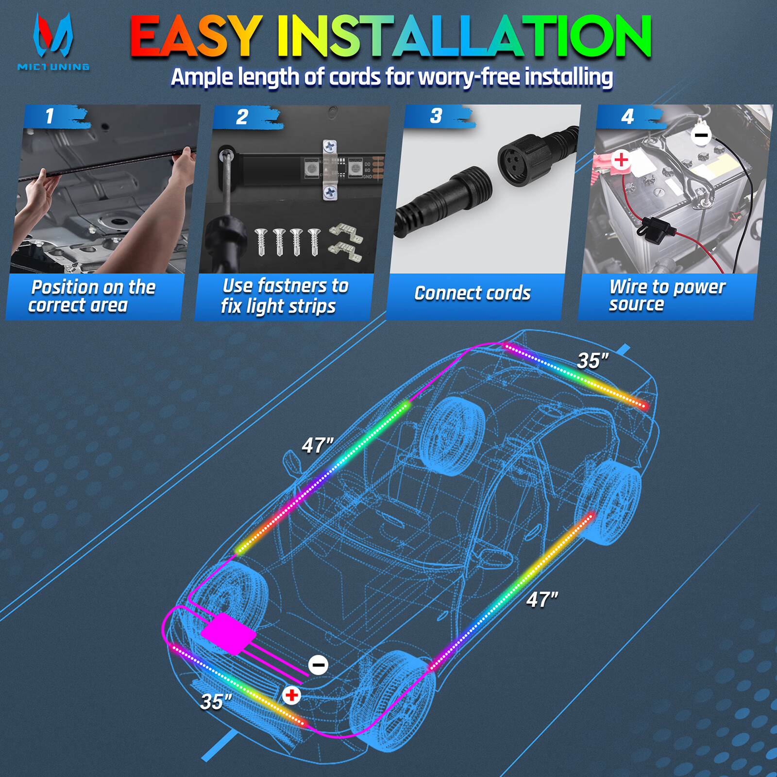 N3 Dream Color RGB Car Light Strips, Underglow Underbody Neon Chasing Light IP67