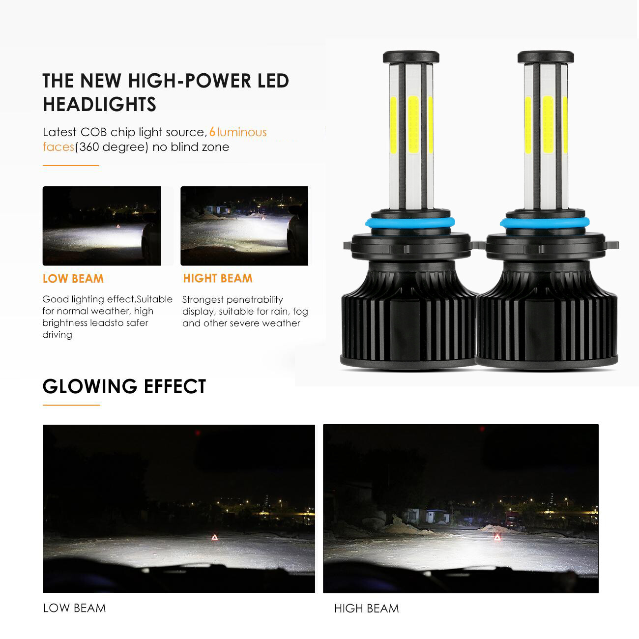 6-Side 9005 HB3 LED Headlight Bulbs Kit High Beam Light 6000K White Super Bright