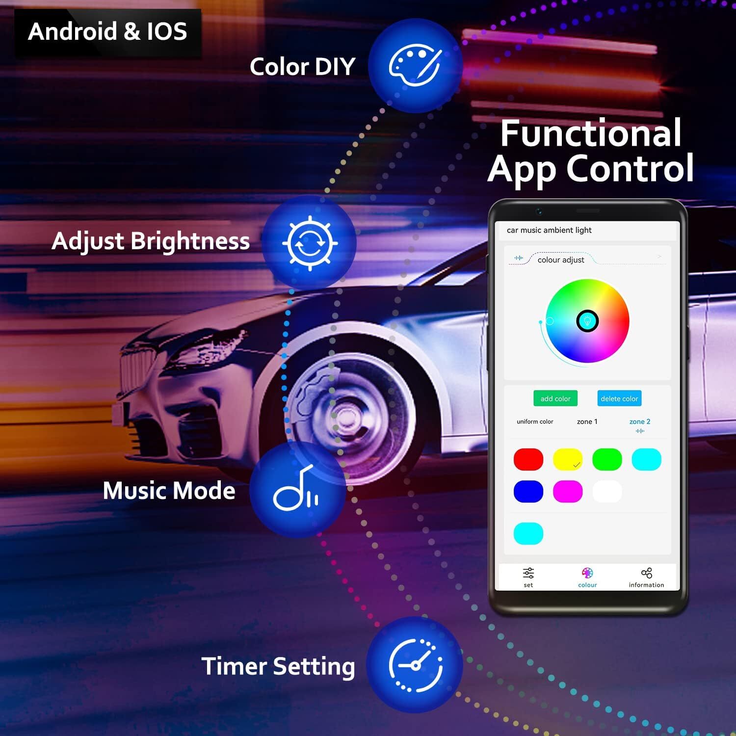 18-in-1 64 Colorful Symphony Car Ambient Interior LED Strip Lights APP Control