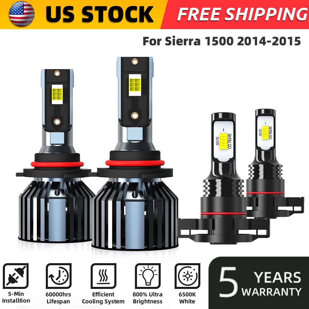 For GMC Sierra 1500 2014-2015 LED Headlight High/Low Fog Light Bulbs 6000k