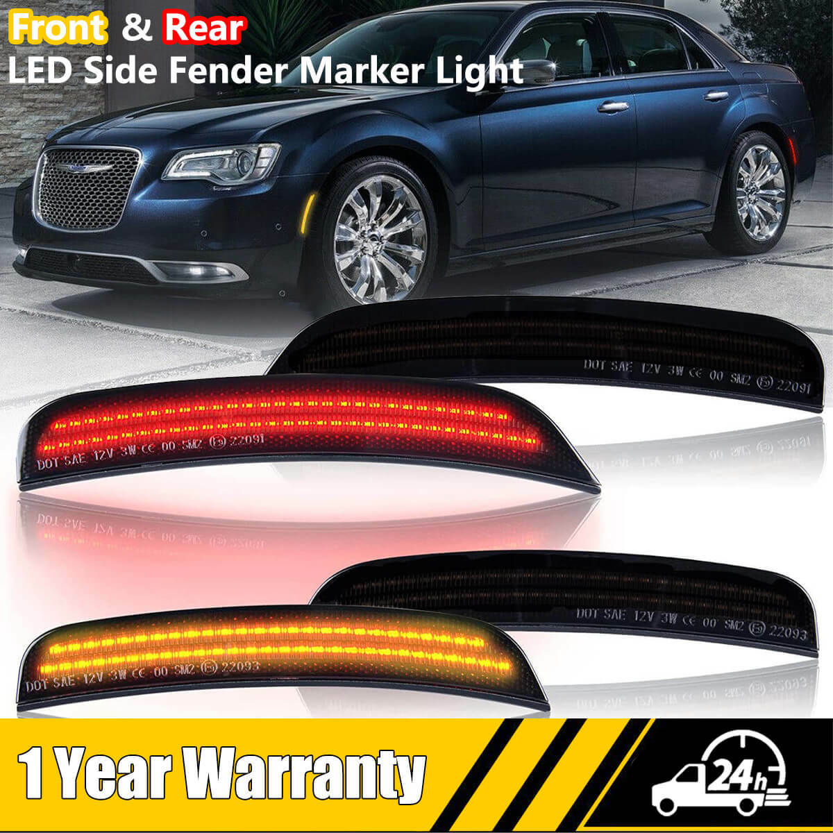 4PC Smoked Front&Rear LED Side Marker Light 2Row Lamp For 2015-2021 Chrysler 300