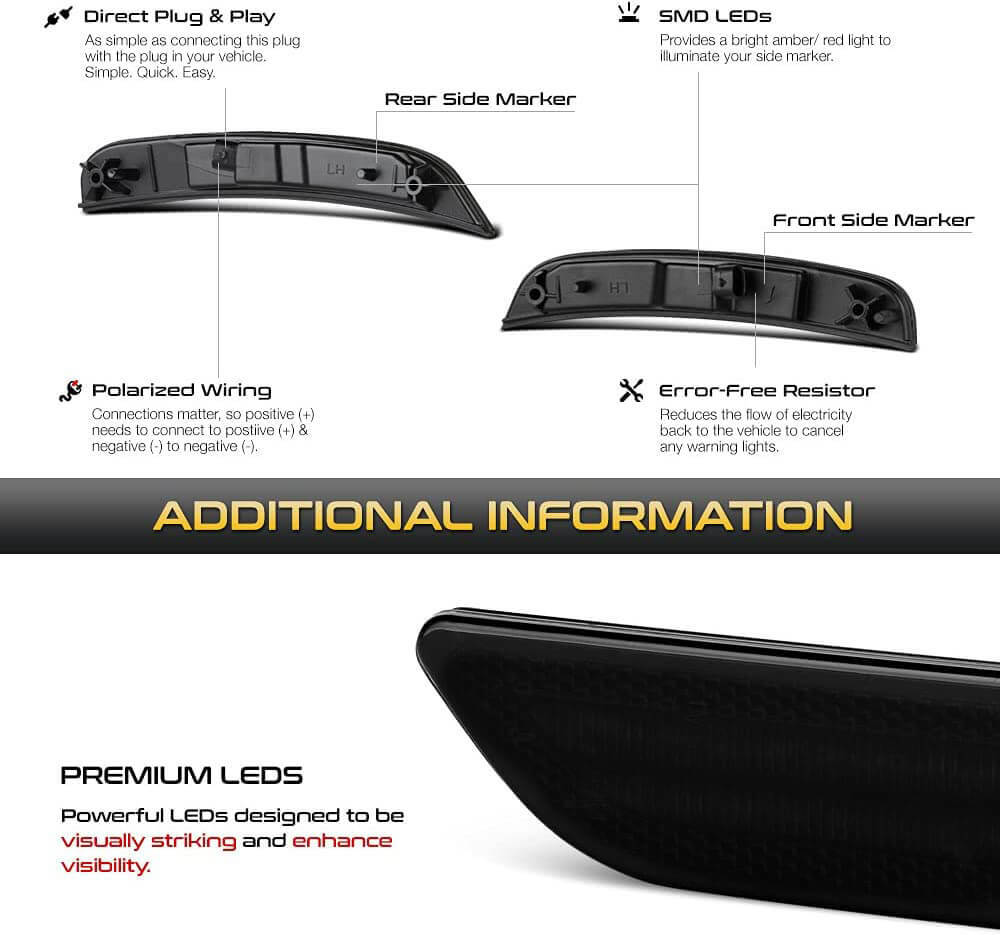 4PC Smoked Front&Rear LED Side Marker Light 2Row Lamp For 2015-2021 Chrysler 300