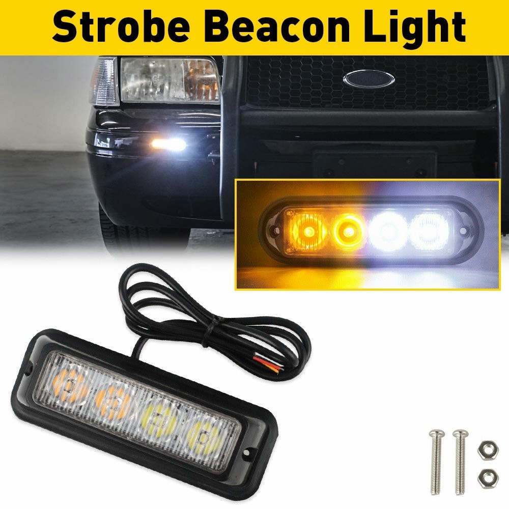 4 LED Amber White Truck Car Emergency Beacon Warning Hazard Flash Strobe Light