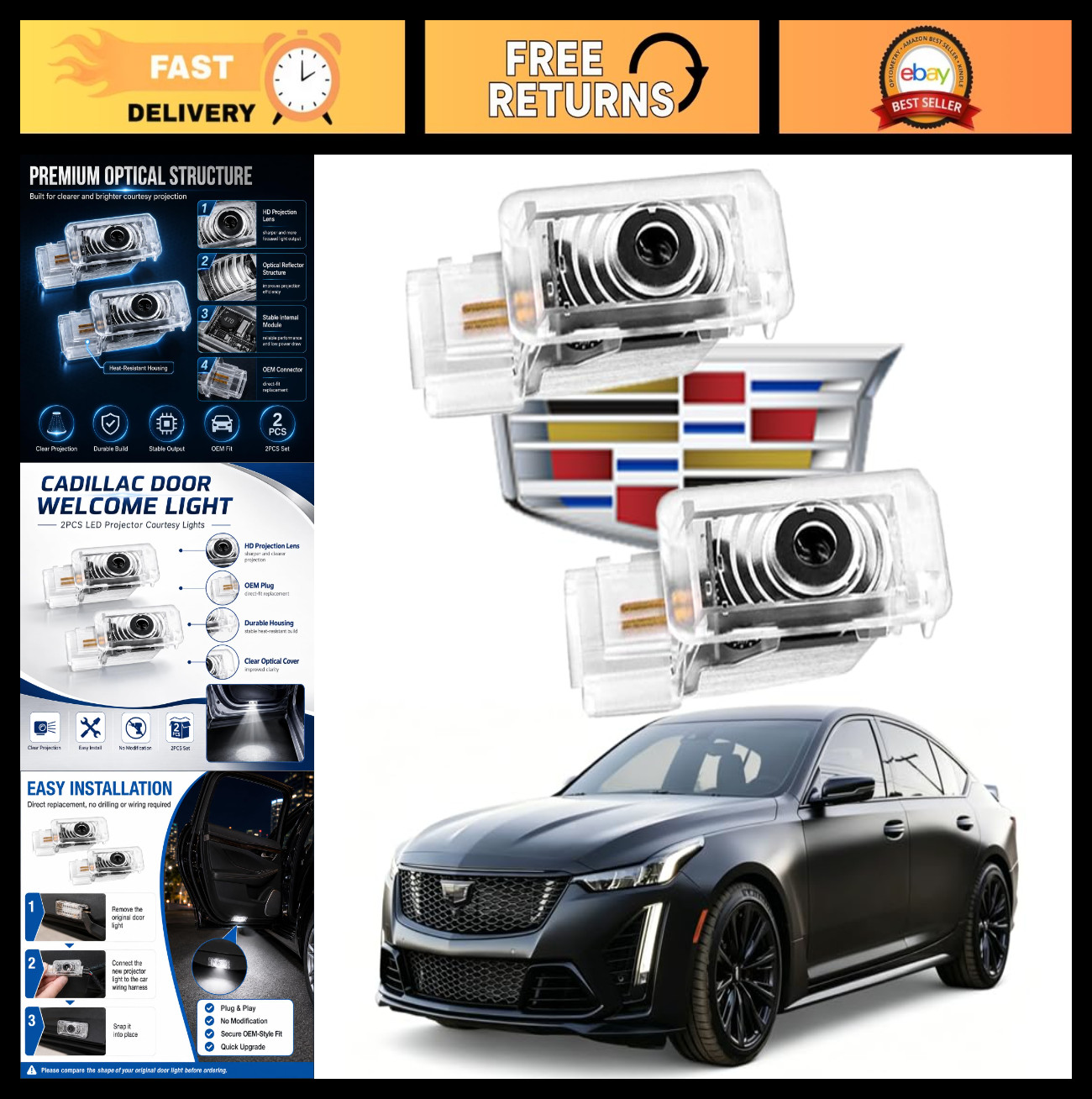 2Pcs LED Car Door Lights for Cadillac CT4 CT5 CT6 ATS XT4 XT5 XT6 – Puddle & Wel