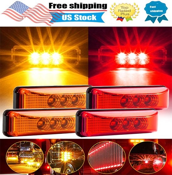 4x 3LED Side Marker Amber Lights Clearance Light Truck Trailer RV 12V Waterproof