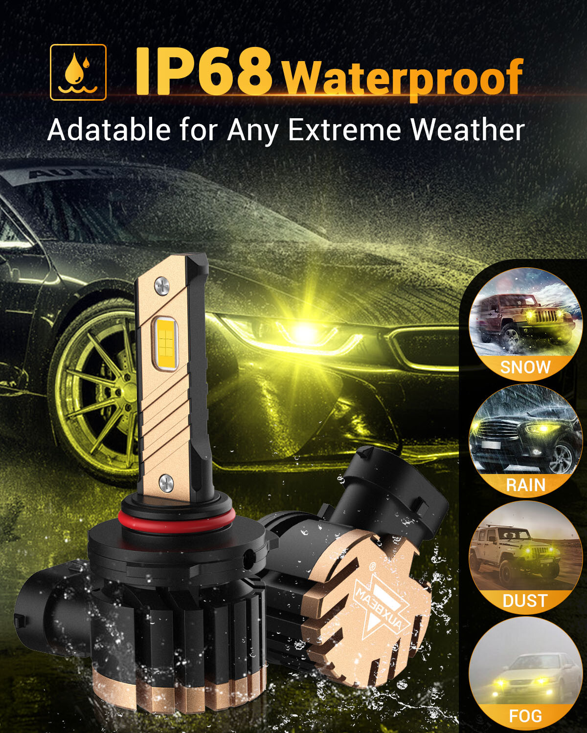 AUXBEAM 9005 HB3 LED Headlight Bulb High Beam Conversion Kit Golden Yellow 3000K
