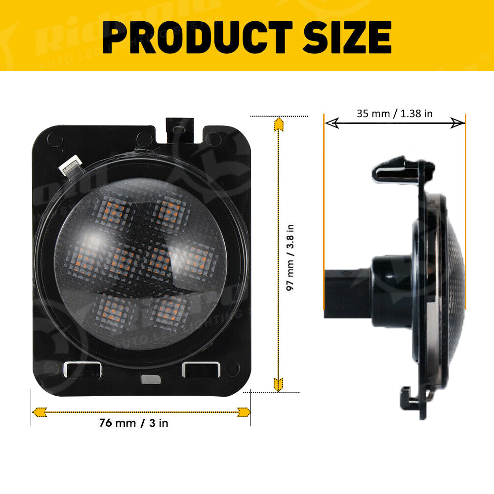 LED Side Marker Fender Lights Amber Smoked Lens For Jeep Wrangler JK 2007-2018