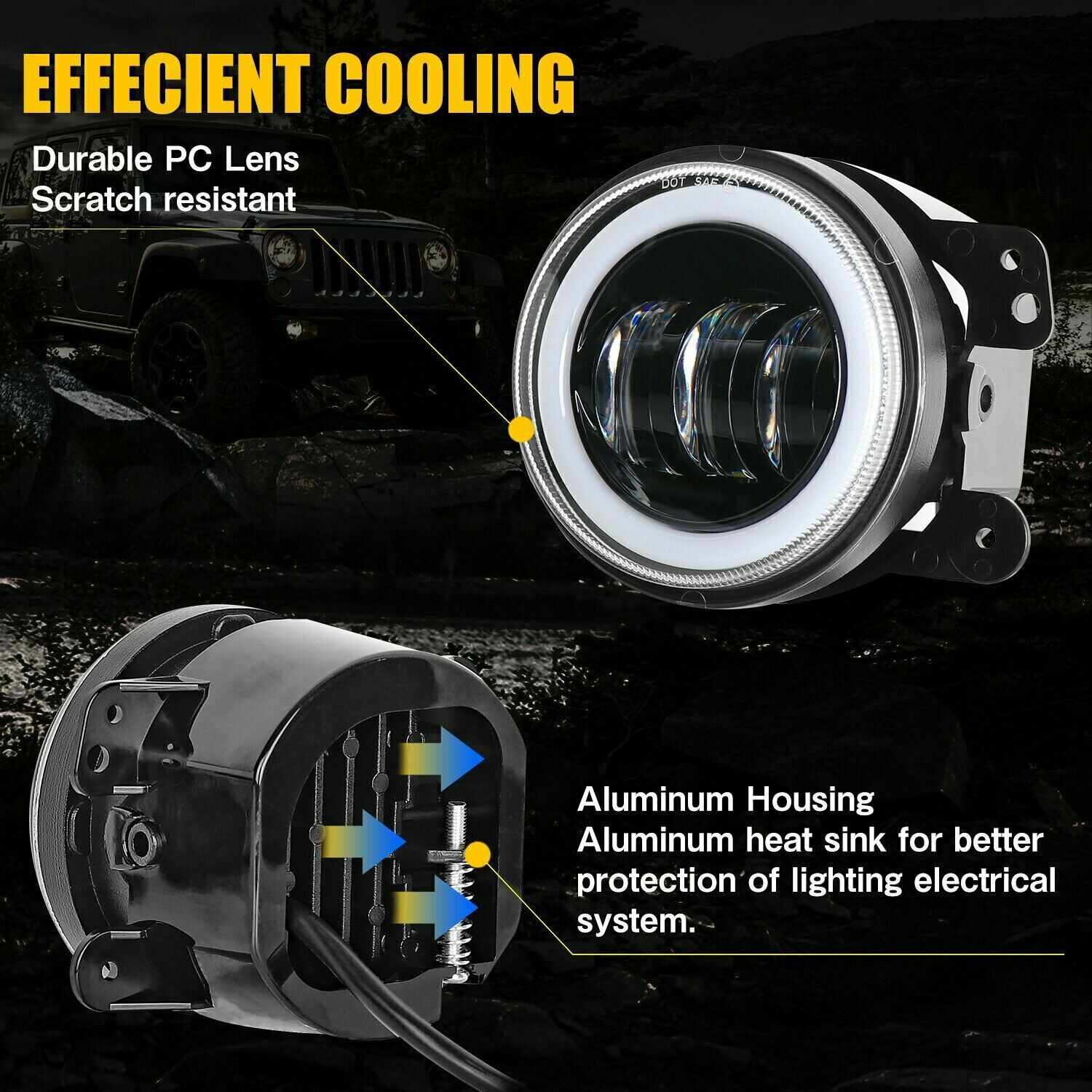4“ Round LED Fog Lights Driving Halo Combo Kit For Jeep Wrangler JK TJ LJ Dodge