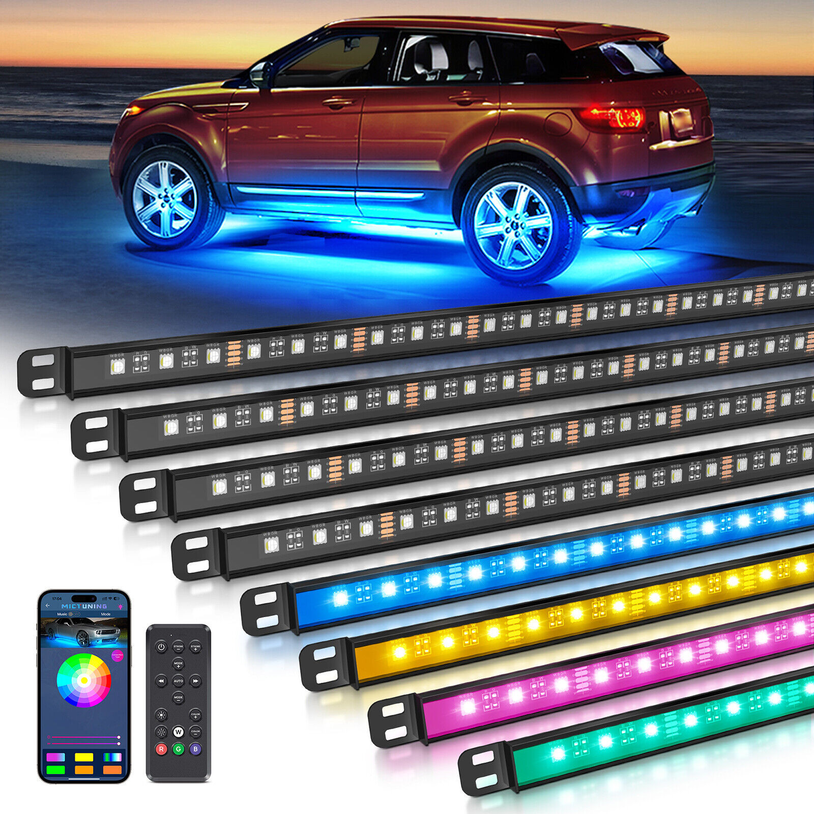 8pcs RGBW LED Underglow Lights Bar for SUV, LED Underbody Glow Neon Light Strips