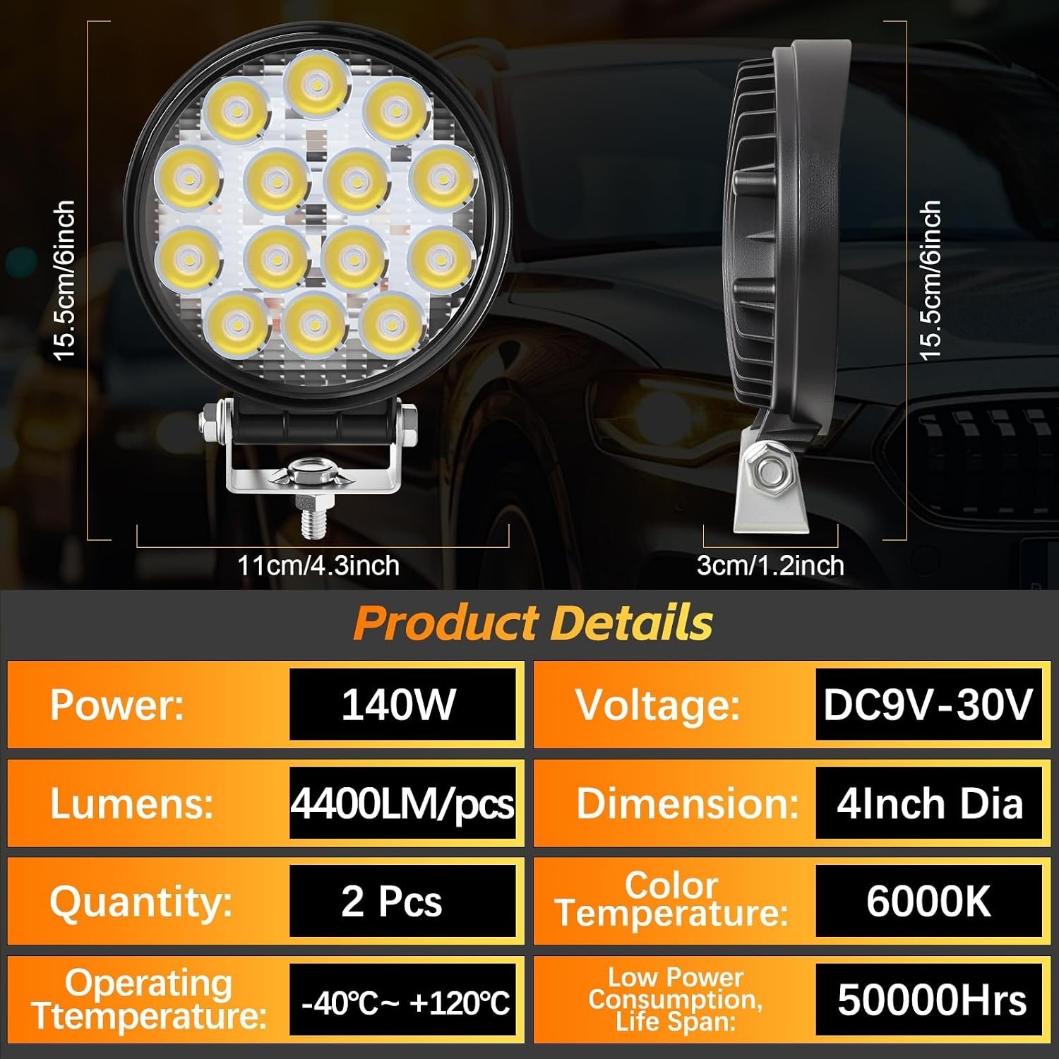 2 Pack 4.5″ Round LED Light Bar – 140W 14000LM Waterproof Offroad Flood Lights