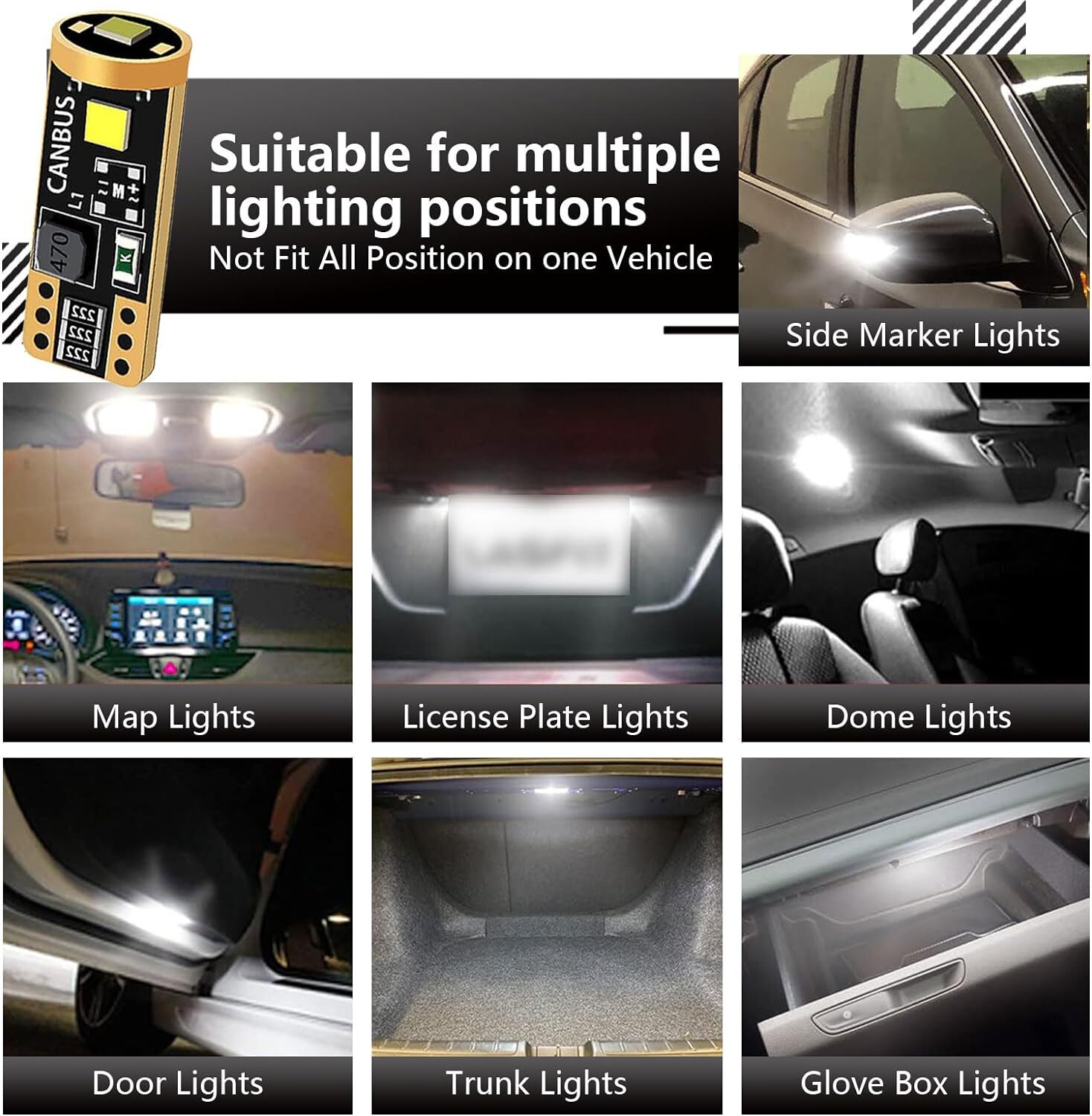 T10 LED License Plate Light Bulbs 6000K Super Bright White 168 2825 194