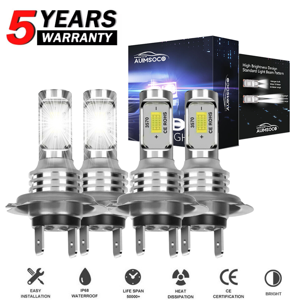 H7 H7 LED Headlight KIT Combo Bulbs High Low Beam Super Bright White 10000K