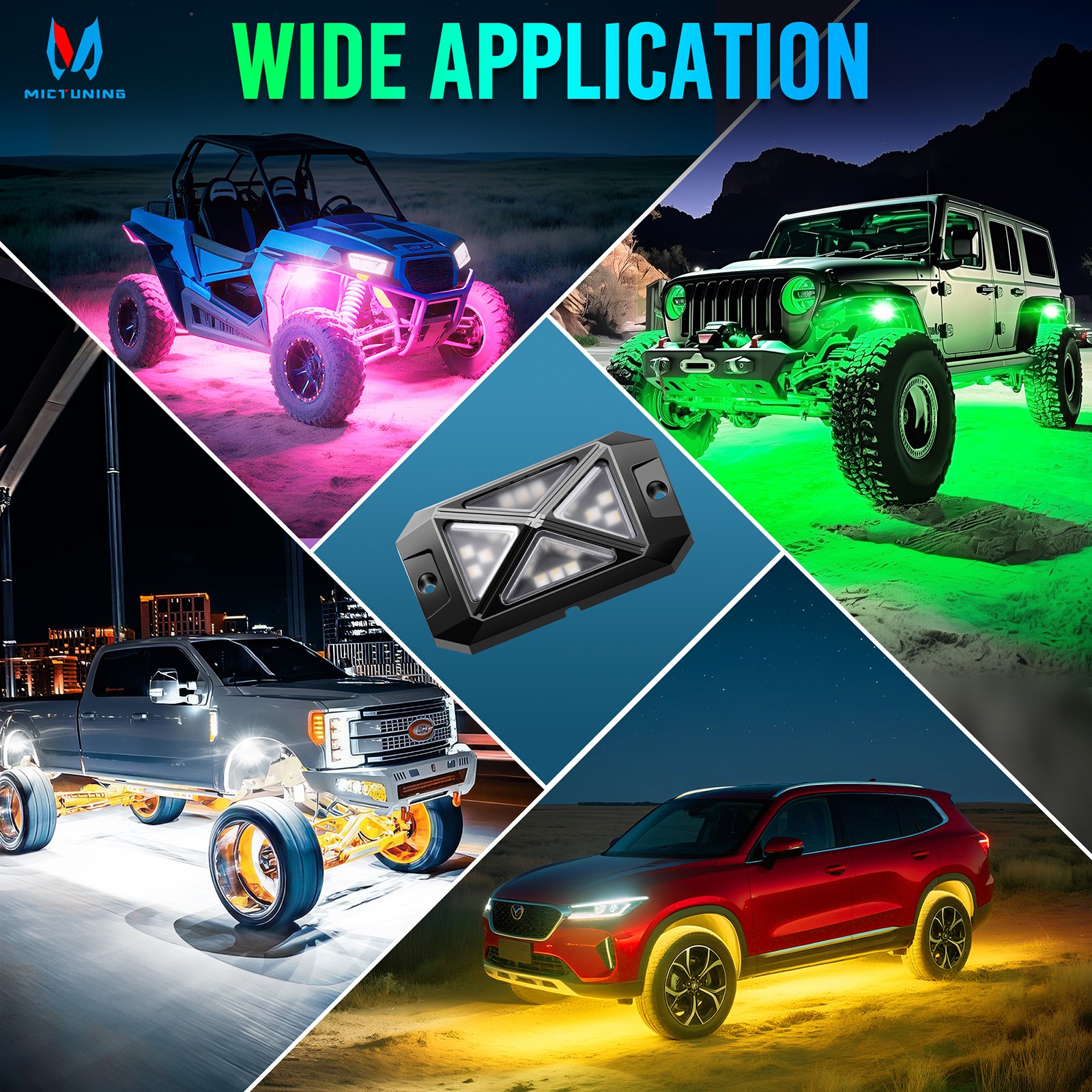 MICTUNING RGB Rock Lights 4 Pods Underglow Underbody Neon Lights for Truck ATV