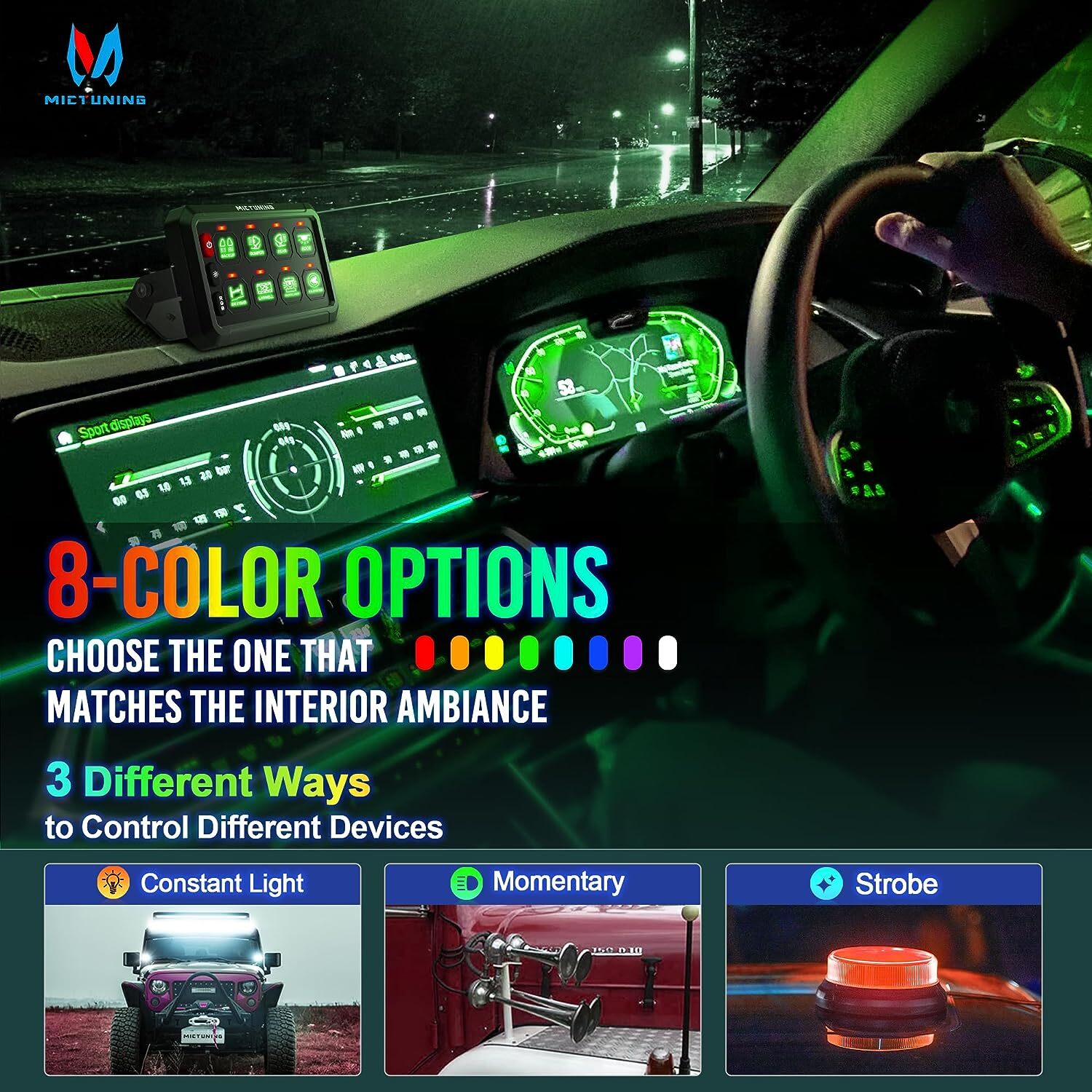MICTUNING RGB 8 Gang Switch Panel LED Circuit Control Relay System Multipe Mode