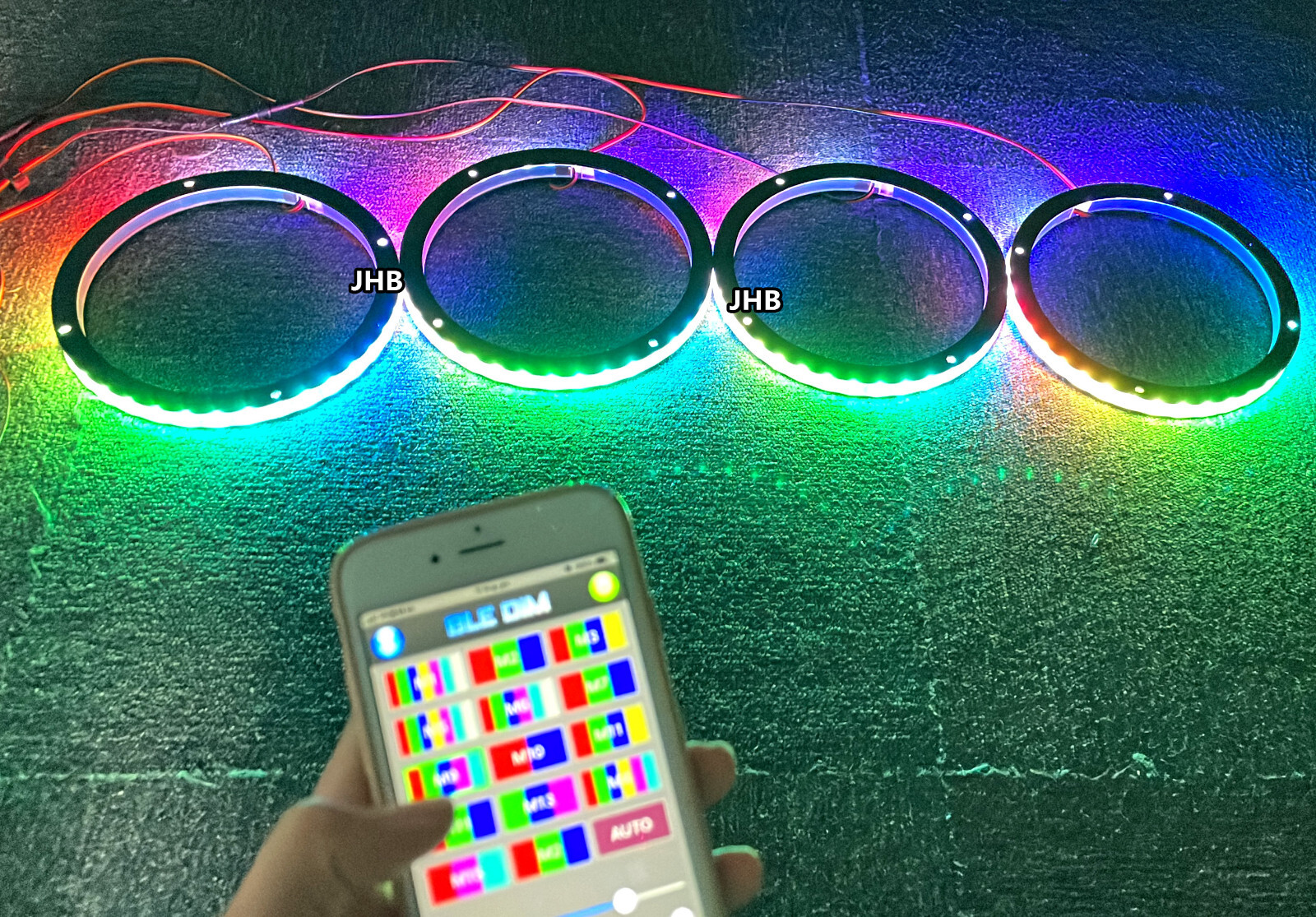 JHB 4PCS 8″ Chasing Flow LED Ring Lights Remote APP Kit for Audio Speaker Subs