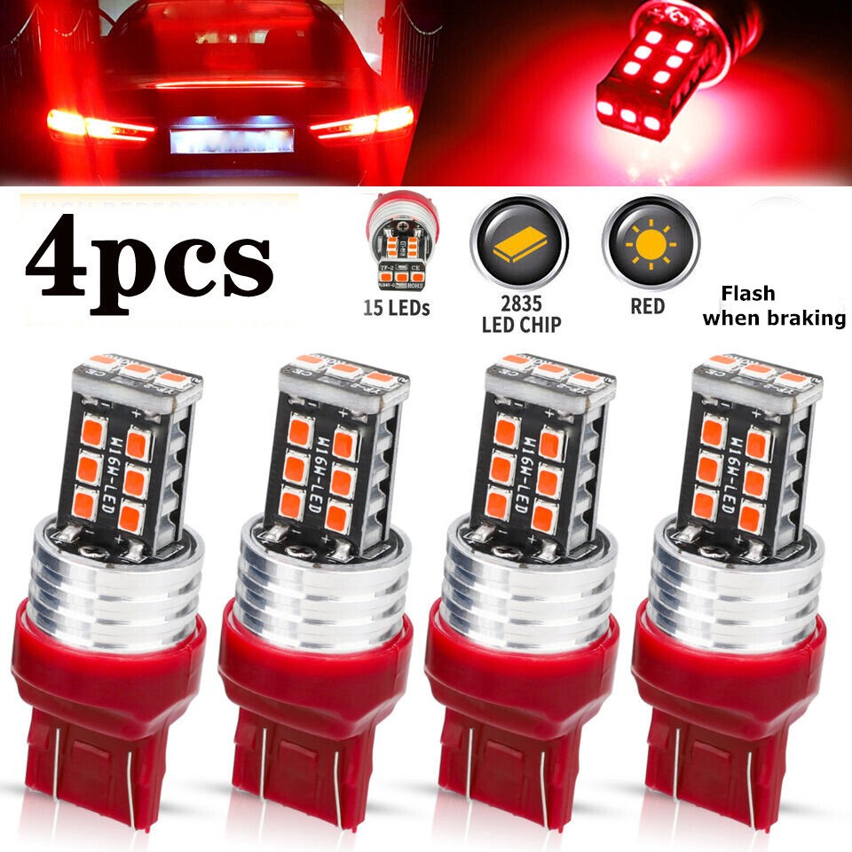 4Pcs 7443 7440 LED Red Strobe Flash Blinking Brake Stop Tail Parking Light Bulbs