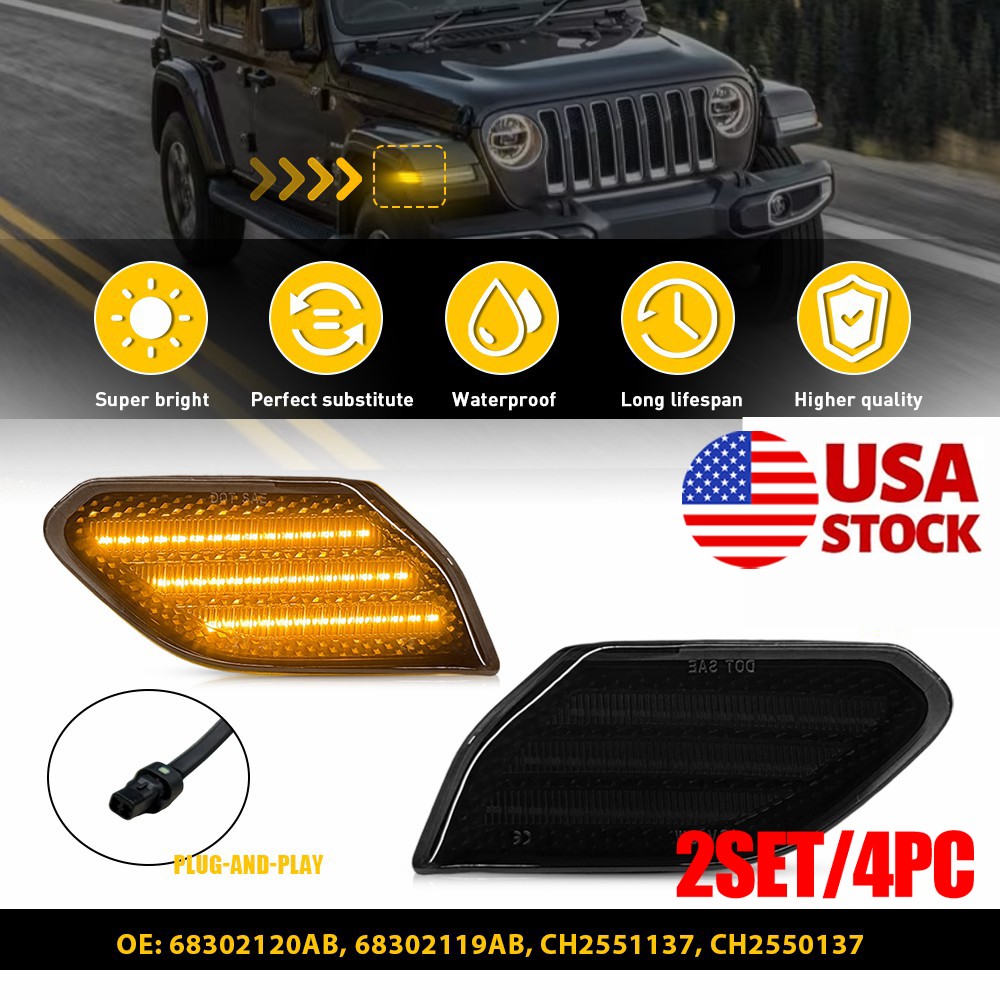 4PC Smoked Lens LED Side Marker Light Fender For 2018-26 Jeep Wrangler Gladiator