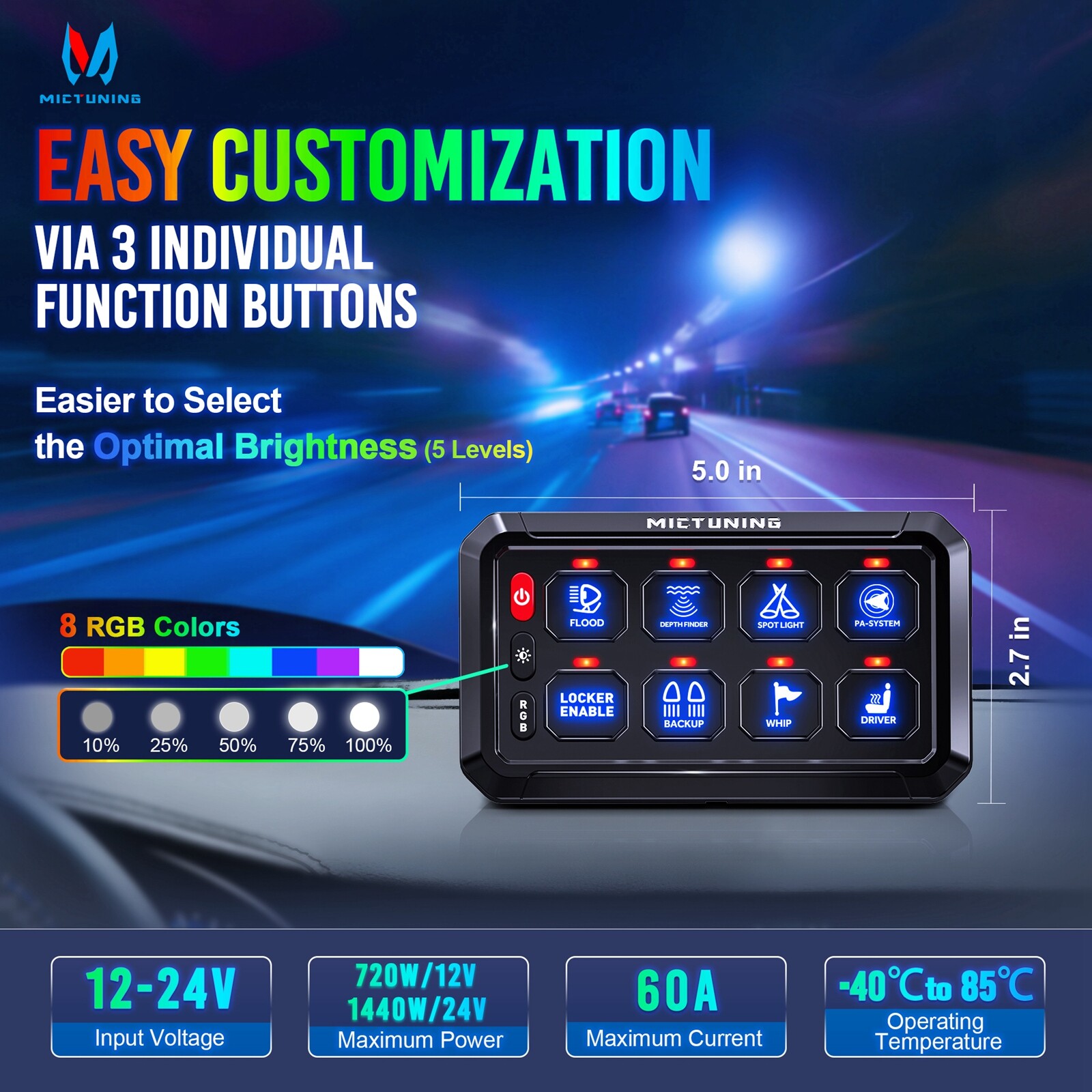 MICTUNING RGB 8 Gang Switch Panel LED Circuit Control Relay System Multipe Mode