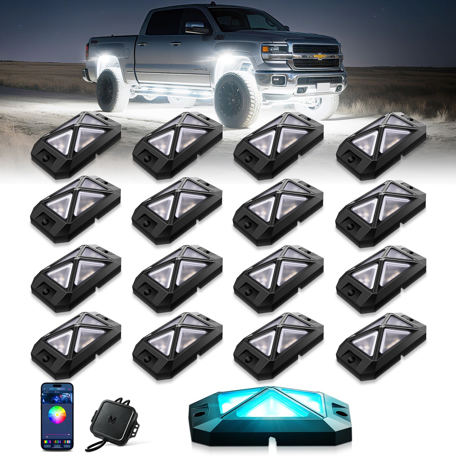 MICTUNING 16 Pods RGBW LED Rock Lights APP Control 4-Side LED Underglow Neon Kit