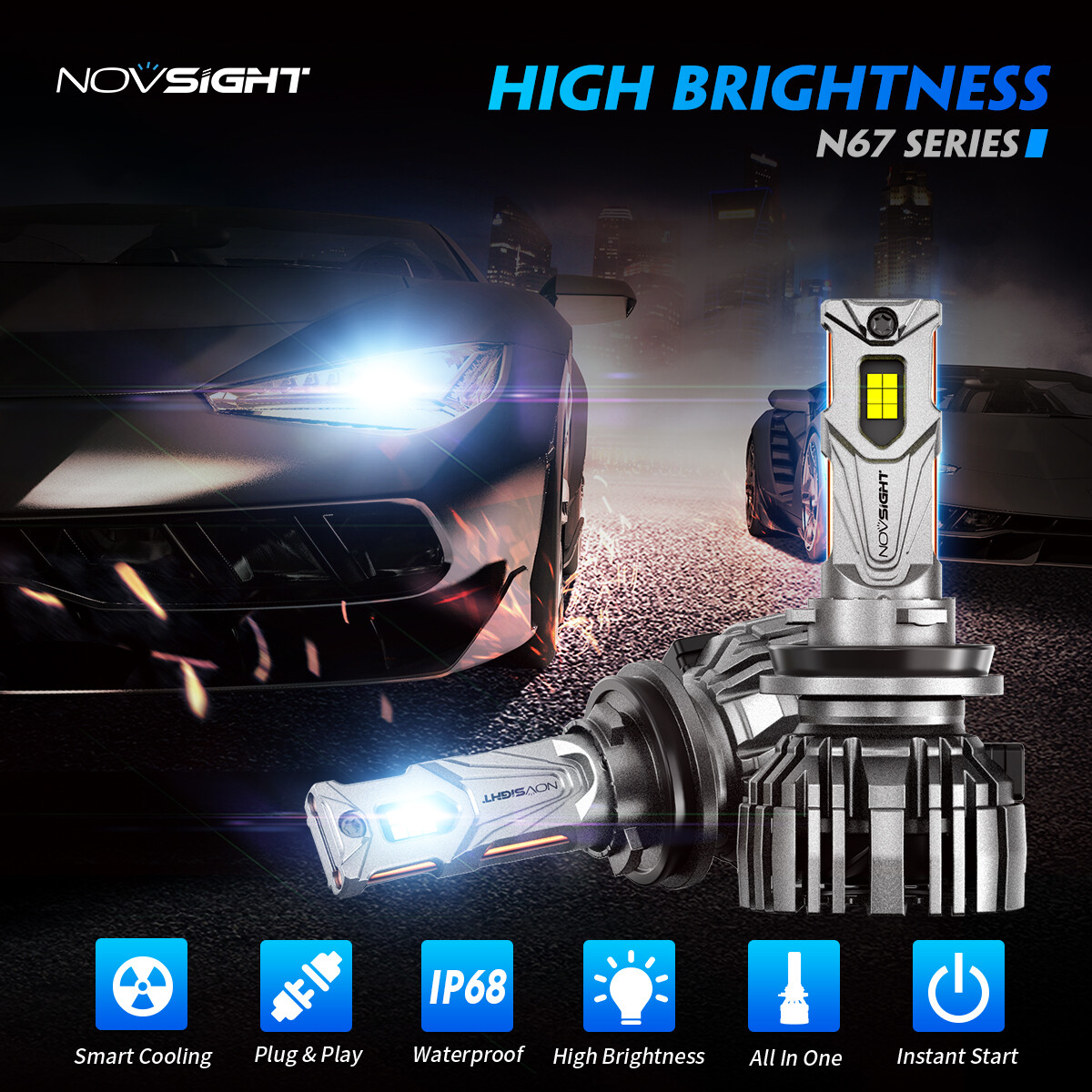 NOVSIGHT H9 H8 H11 LED Headlight Bulbs High/Low Beam Lamp 32000LM 6500K 140W 2x