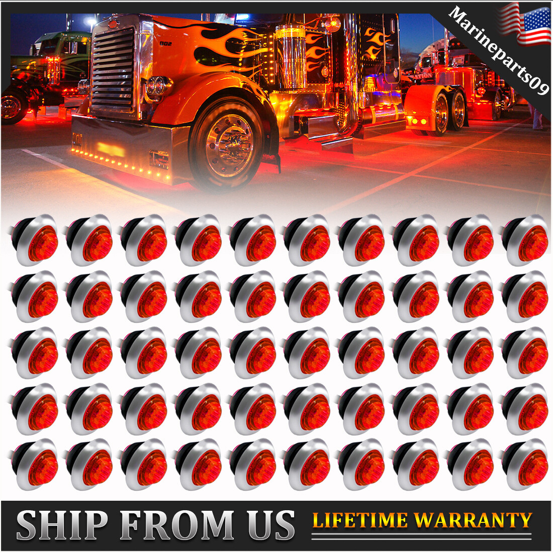 50x 3/4″ Round Red LED Side Marker Lights Truck Trailer Bullet Stainless Base