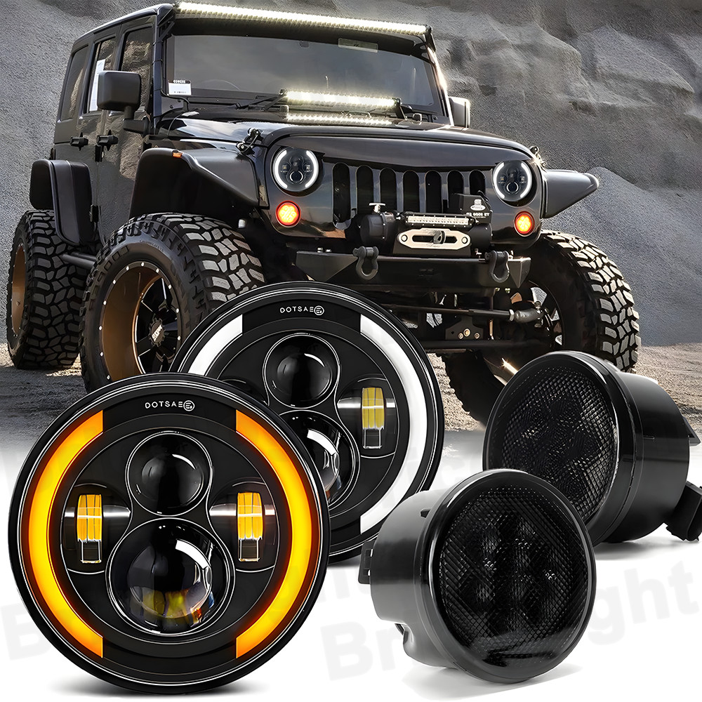 4PCS/ 7″ Round LED Headlights + Turn Signal Lamps Kit For Jeep Wrangler JK 07-18