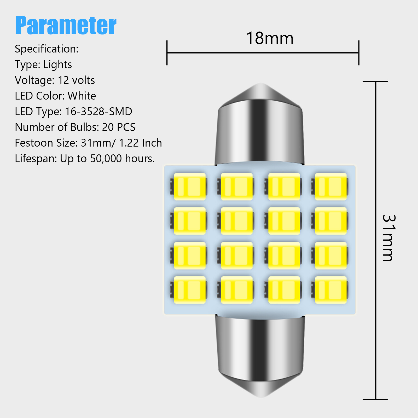 20x 31MM 16-SMD LED Car Interior License Plate Dome Map Light Bulbs Super White
