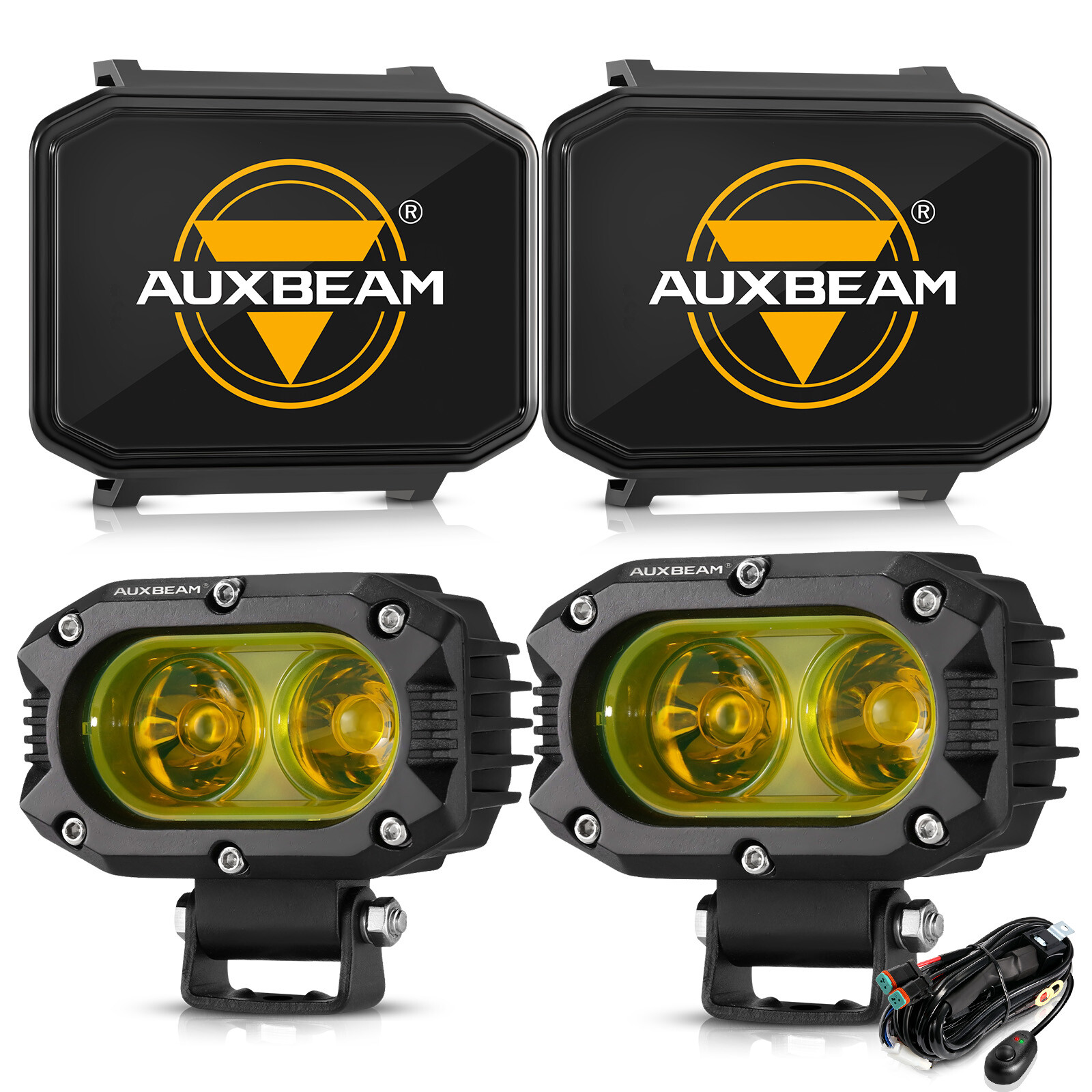2x AUXBEAM 4″ Amber LED Pods Light Bar Flood Driving Lights + 2x Covers for Jeep