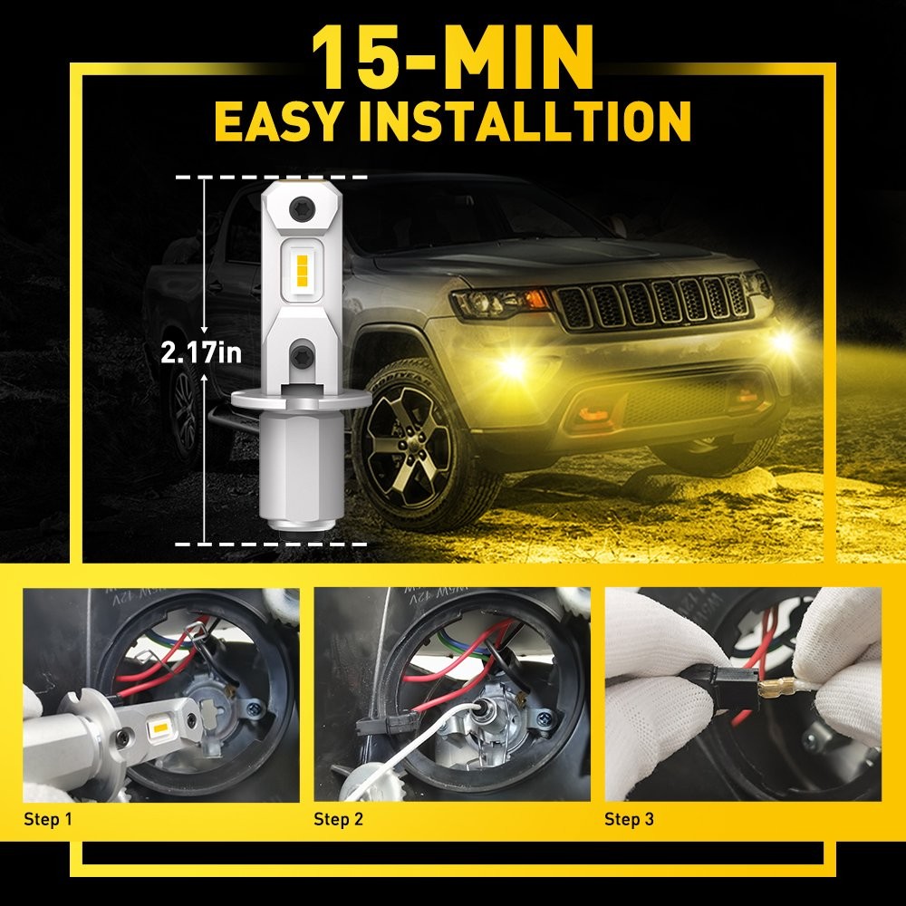 H3 LED Fog/Driving Light Bulbs Bright Yellow New Bright Replacement 3000K T 2/4x