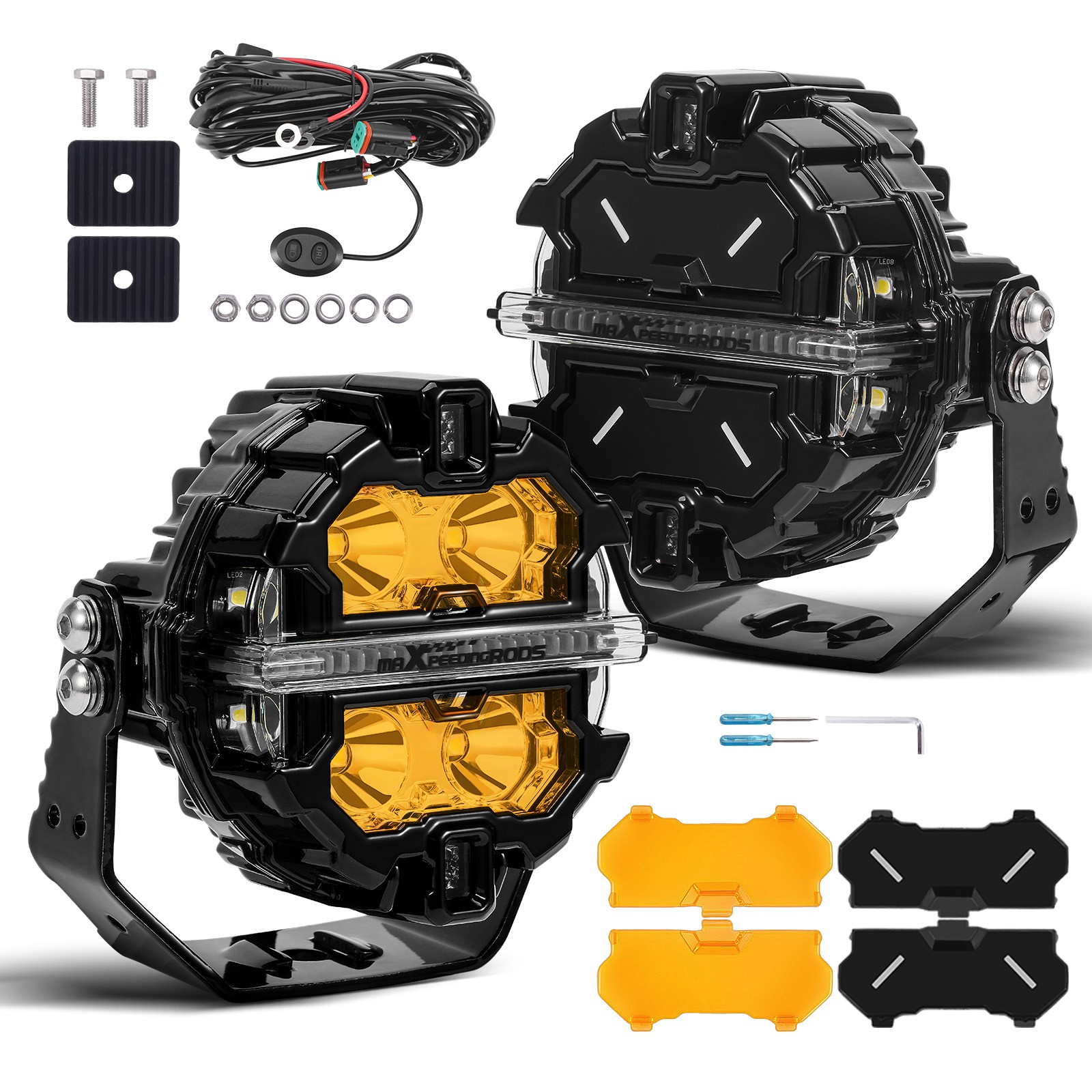 maXpeedingrods 3.5 Inch Round 160W LED Off Road Lights + Amber Flood Light Cover