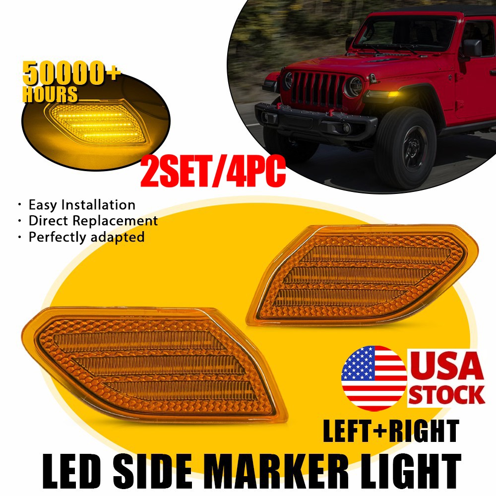 4PC Amber Lens LED Side Marker Lights Fender For 2018-26 Jeep Wrangler Gladiator