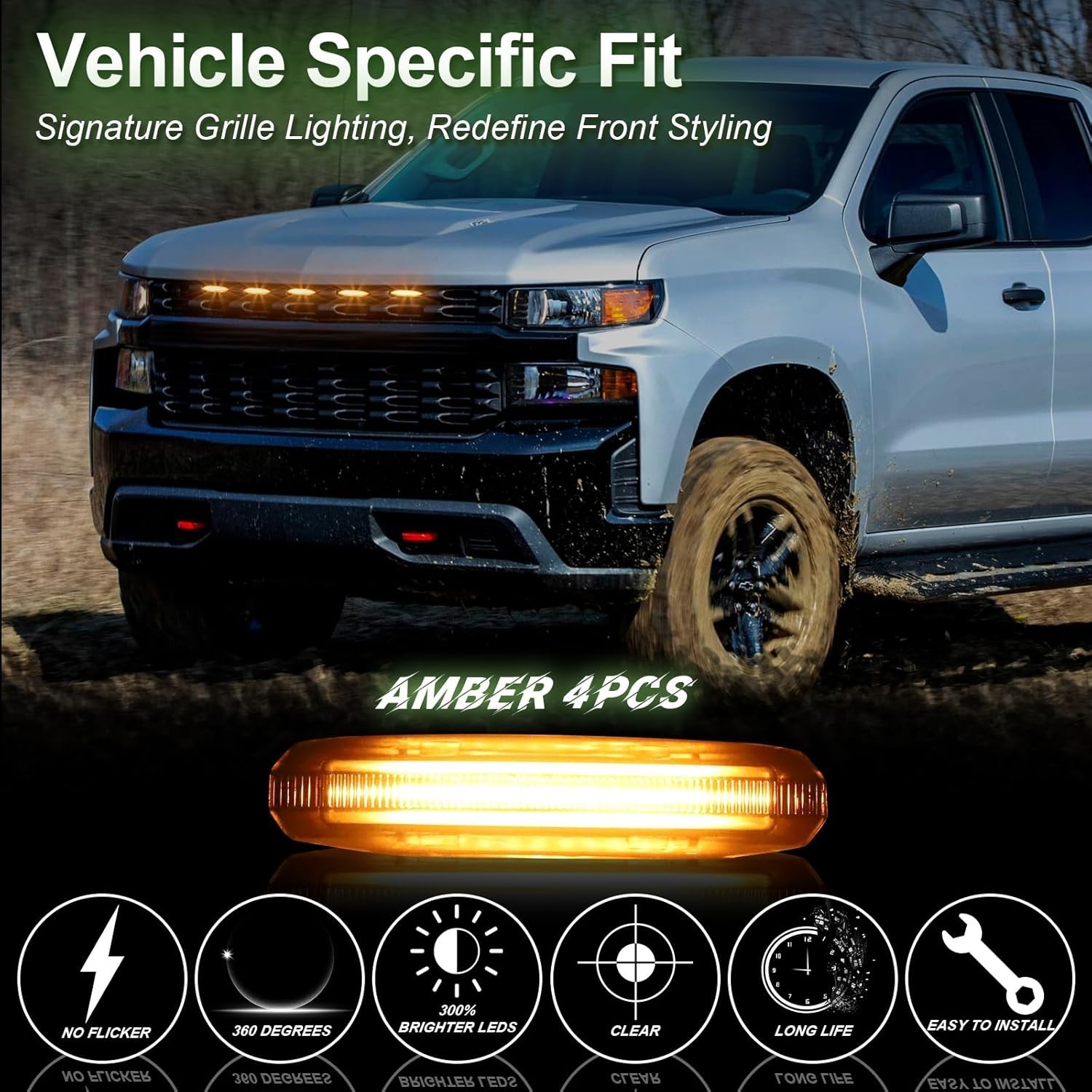 LED Front Grill Grille Lights for 2019-2021 Silverado 1500 Custom Trail Boss WT