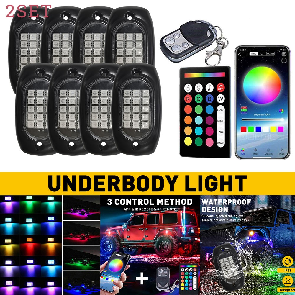 2set 8 Pods RGB LED Rock Lights Kit Offroad Truck Underbody Neon Music Bluetooth