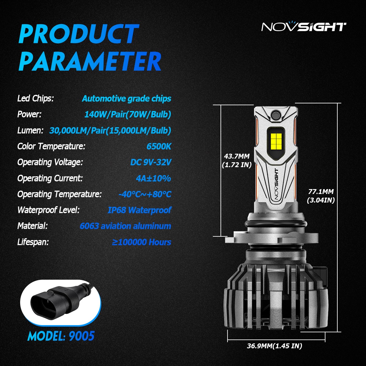 NOVSIGHT 9005 HB3 LED Headlight Bulbs 6500K 140W 30000LM High Beam 800% Brighter