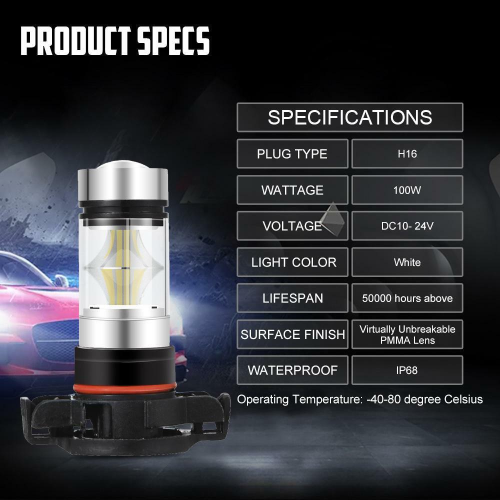 2x H16 5202 PS24WFF 100W 6000K Super White LED Fog Light Bulbs Daytime