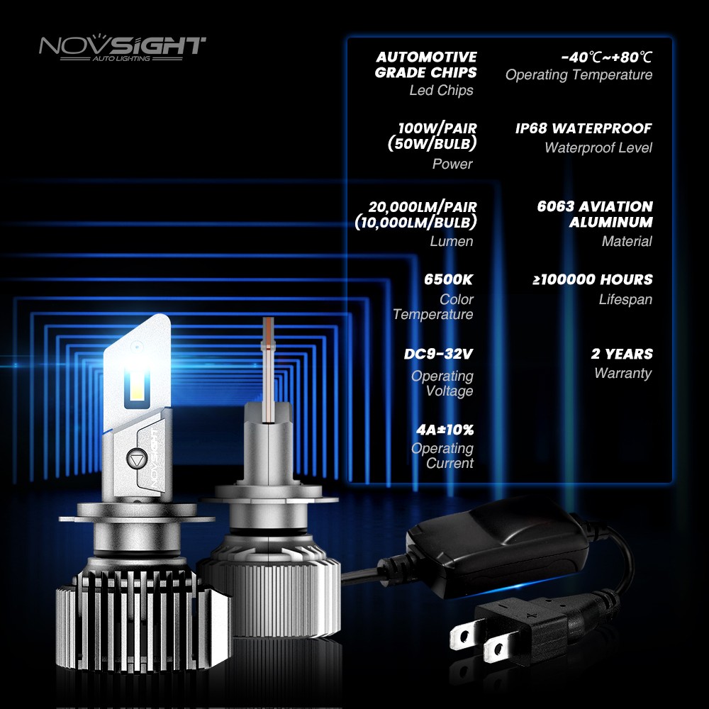 NOVSIGHT H7 LED Headlight Bulb Kit High Low Beam 20000LM 100W Bright 6500K White