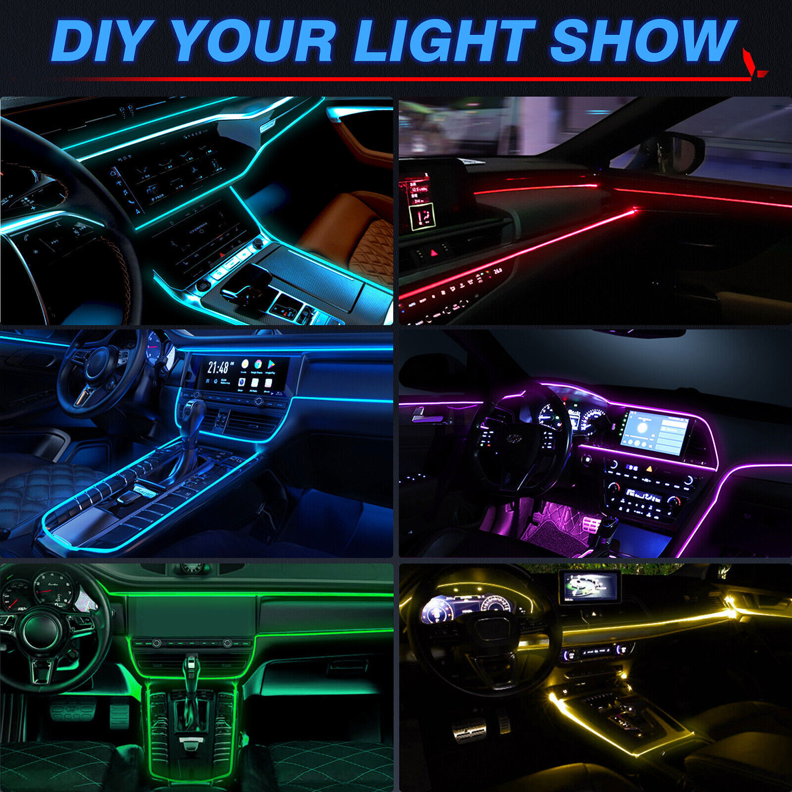 RGB 8 in 1 Interior Car LED Strip Lights Car Neon Accent Lighting Kit