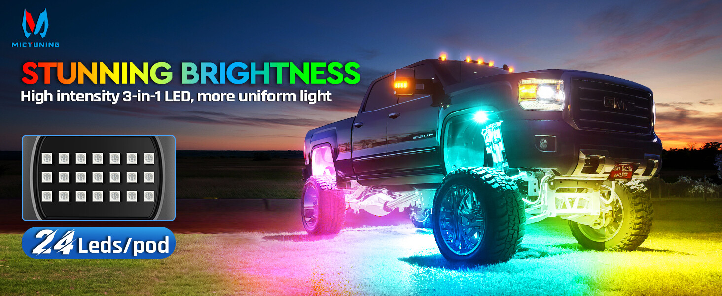 MICTUNING RGB/RGB+IC LED Rock Lights, 8/12/16/20 Pods Underglow Led Chasing Lamp