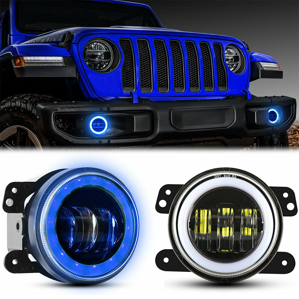 4“ Round LED Fog Lights Driving Halo Combo Kit For Jeep Wrangler JK TJ LJ Dodge