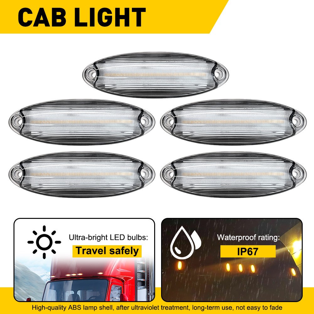 For Freightliner Cascadia All Years Clear Amber LED Raised Roof Marker Lamps 5Pc