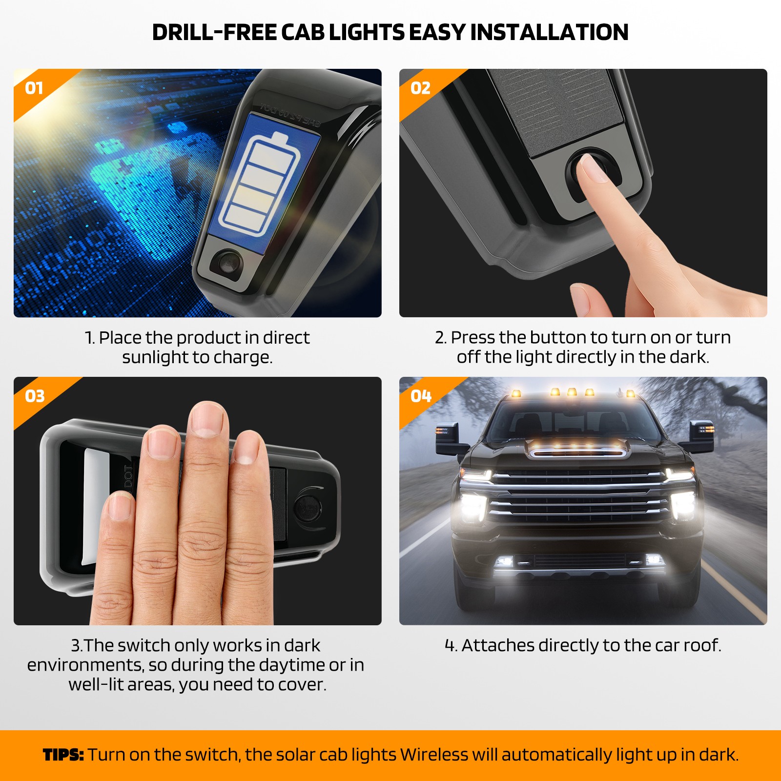 For Ford Excursion Powered Wireless Solar Roof LED Cab Marker Light Amber 5pcs