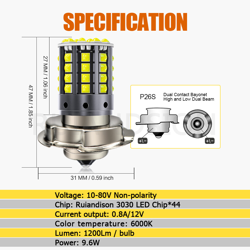 1PC P26S 44SMD LED Light For Motorcycle Headlight Bulb DRL Car Lamp White 10-80V