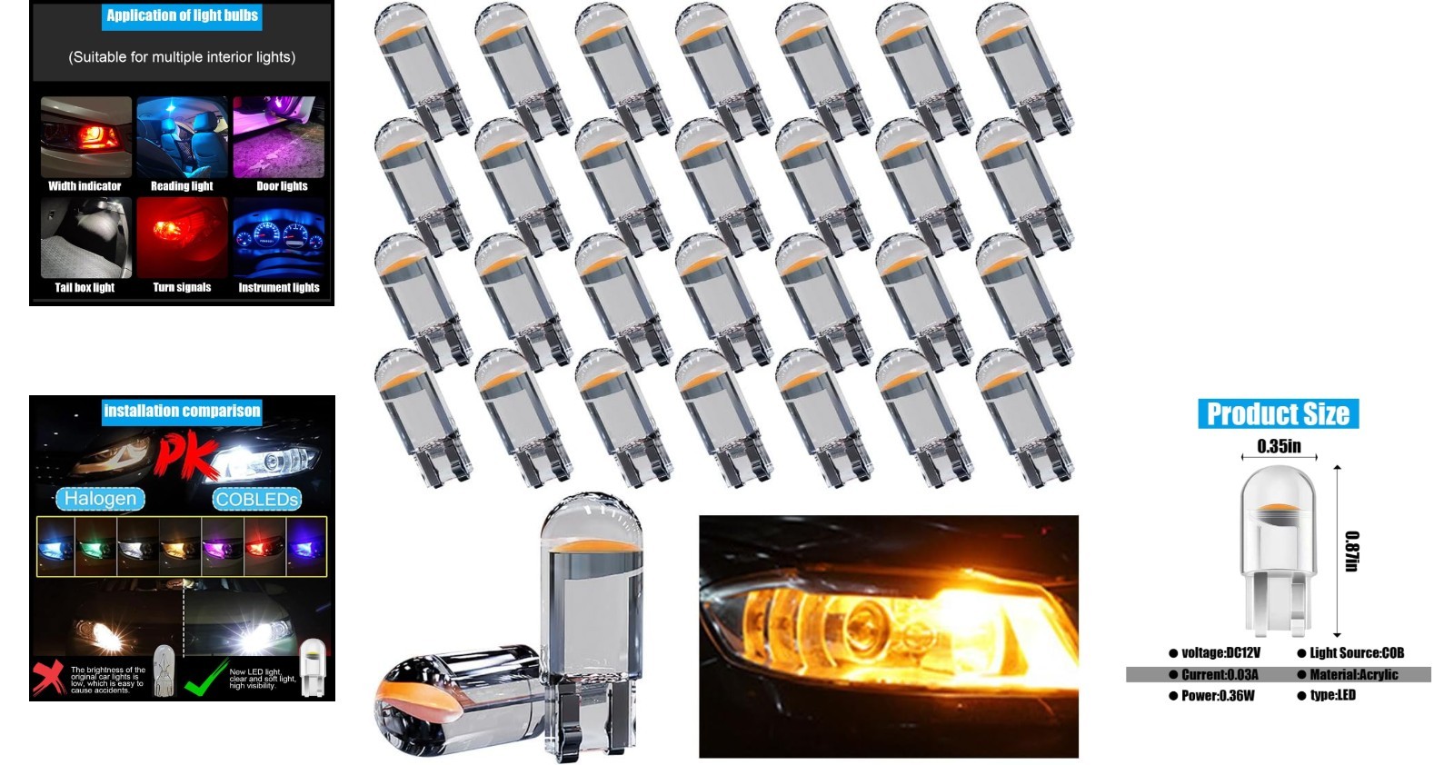 High Efficiency 30PCS 194 LED Bulbs, 12V, 50000 Hours Lifespan, Yellow Glow