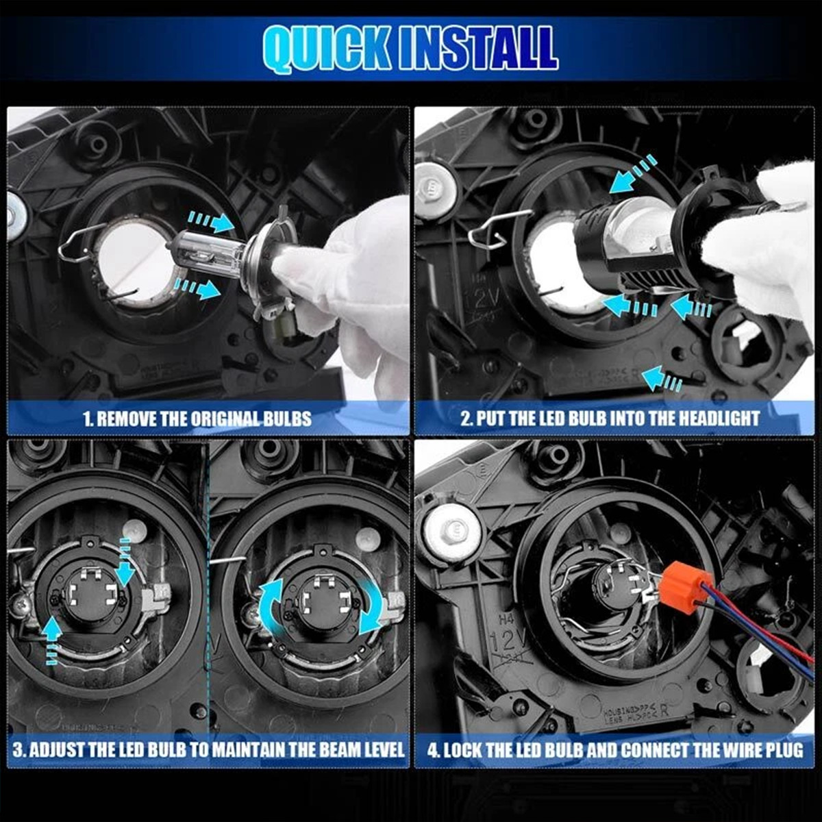 2x H4/9003 LED Projector Lens Hi-Lo Beam 160W Headlight Bulb 68000Lm 6000K White