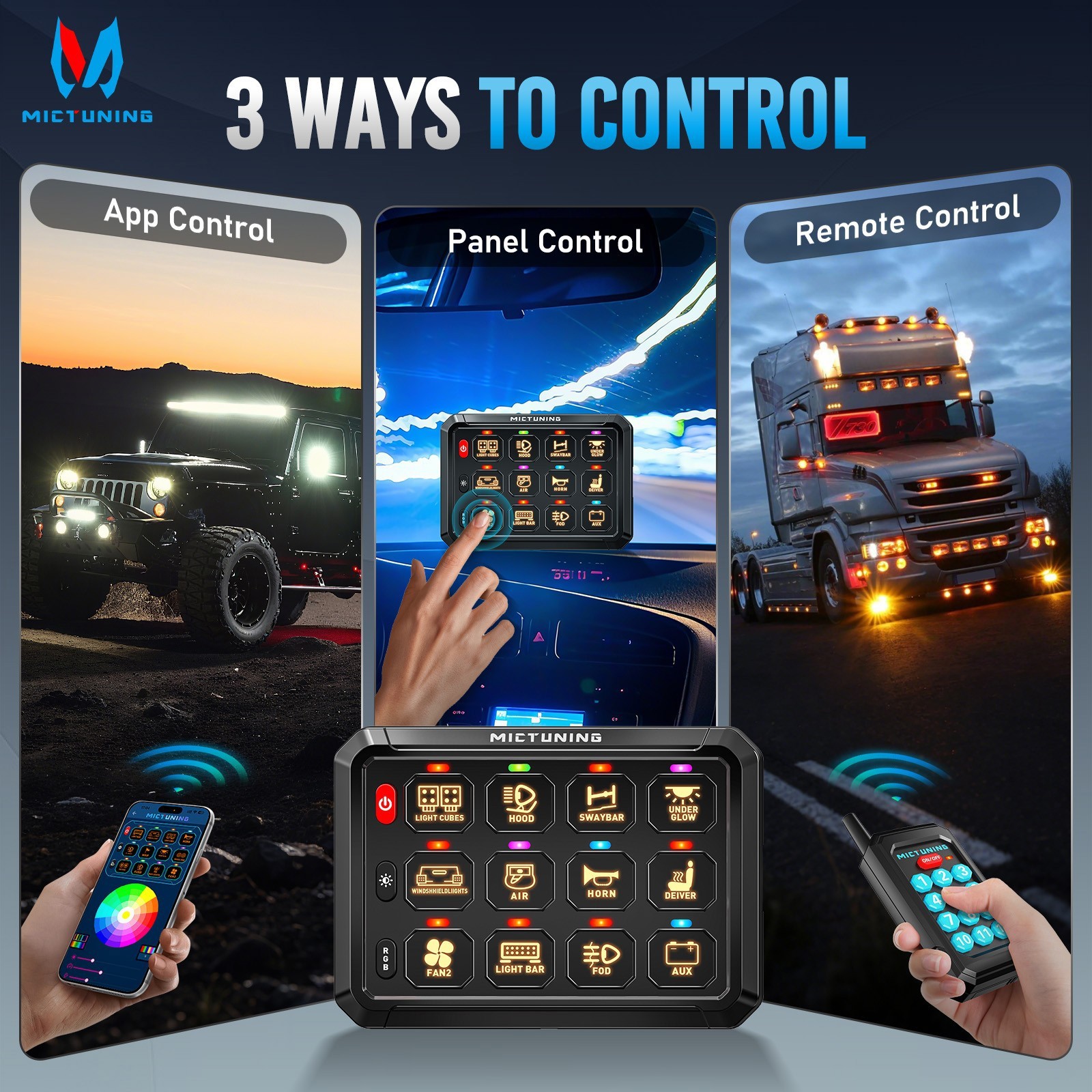 MICTUNING Wireless RGB Switch Panel 12/24v LED Circuit Remote/APP Control System